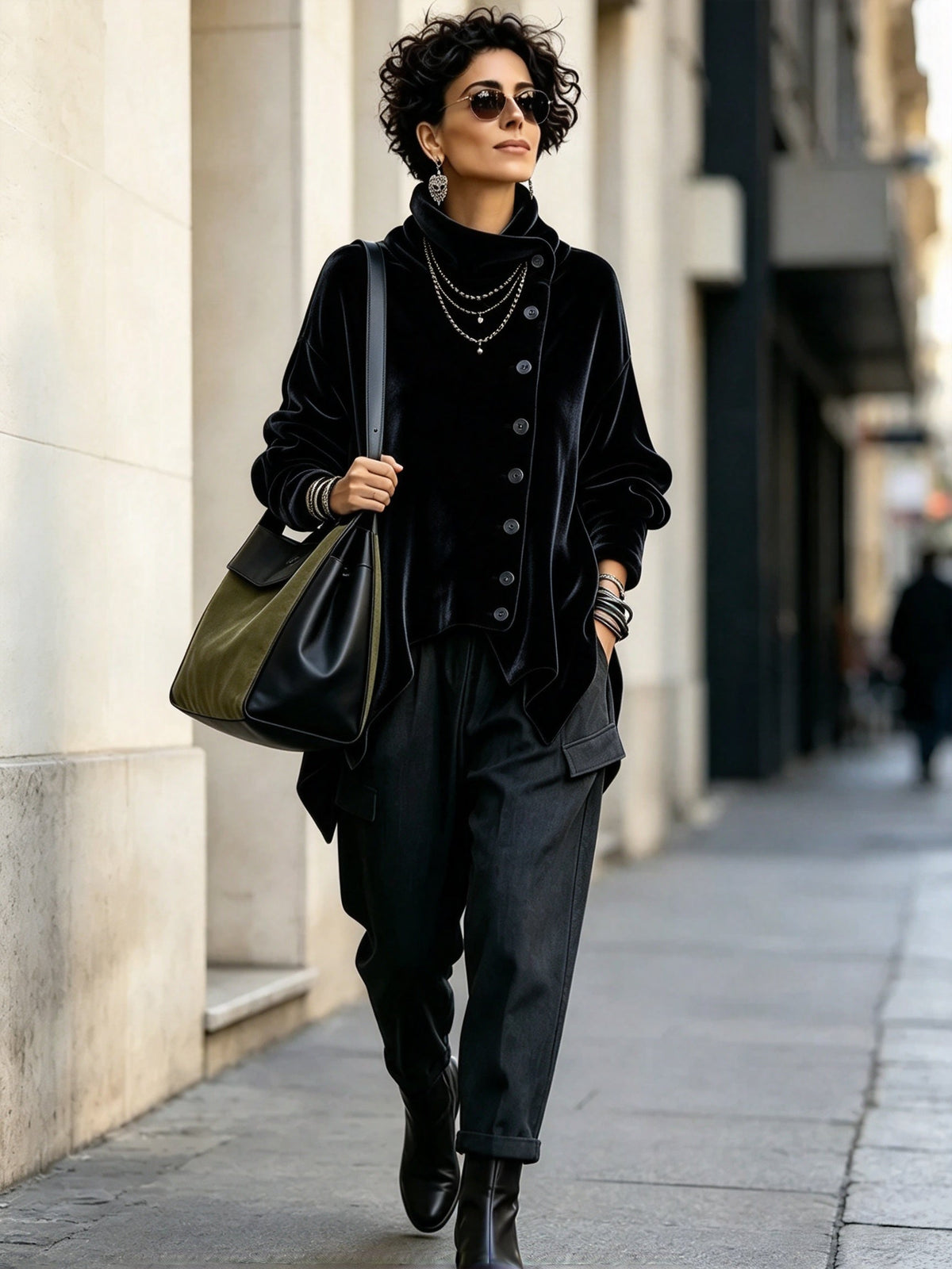 Chic Velvet Asymmetrical Button Turtleneck Top