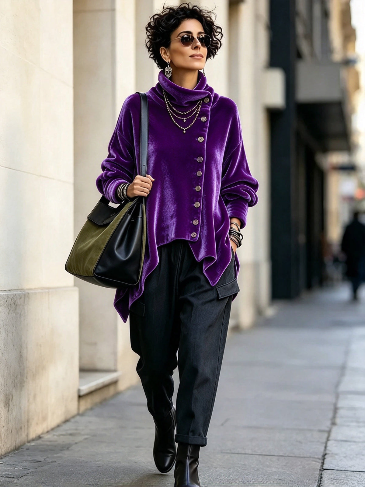 Chic Velvet Asymmetrical Button Turtleneck Top