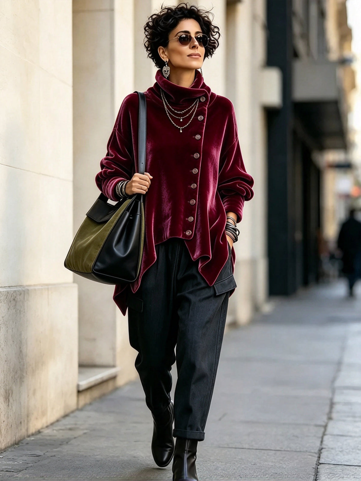 Chic Velvet Asymmetrical Button Turtleneck Top