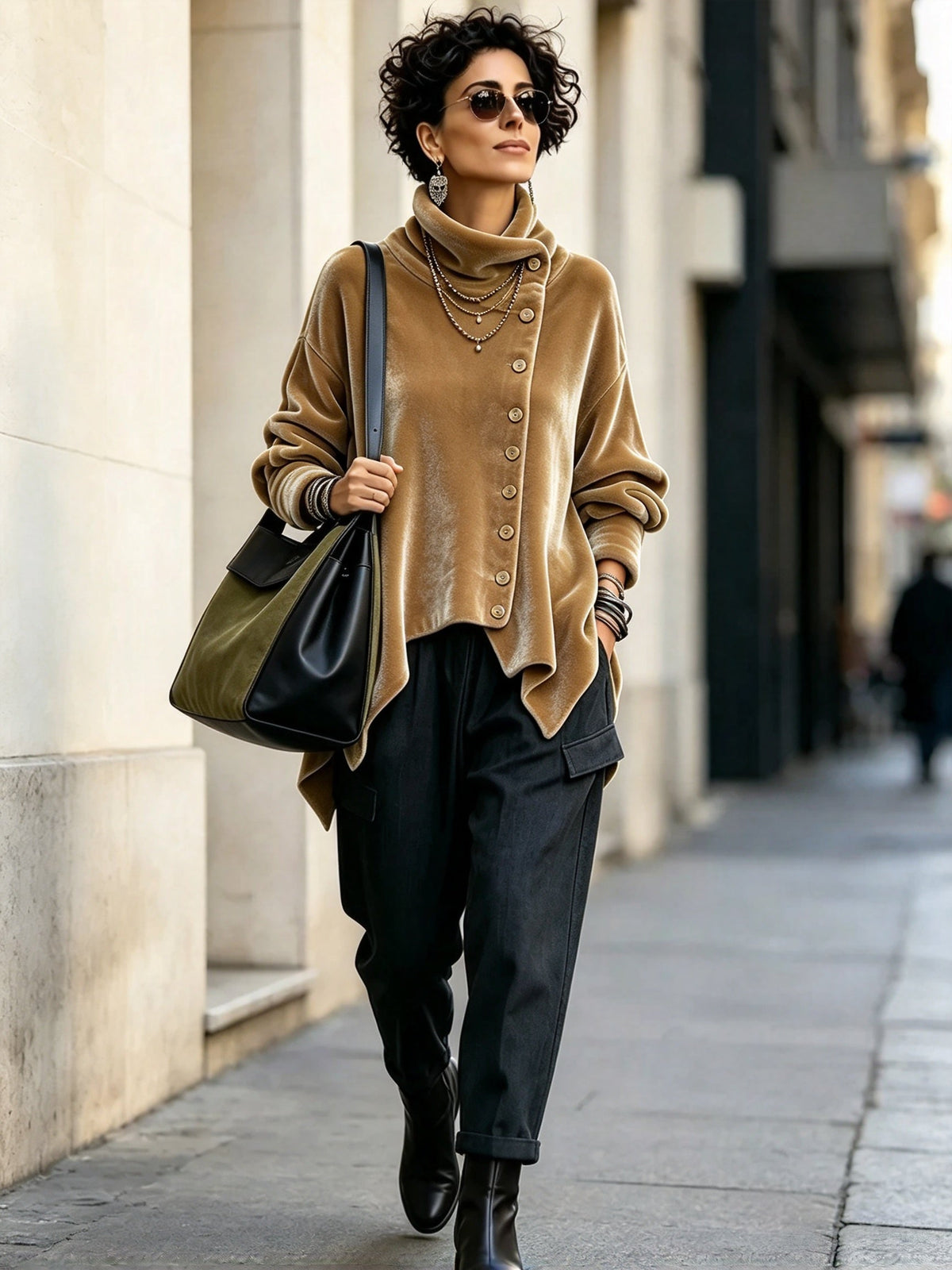 Chic Velvet Asymmetrical Button Turtleneck Top