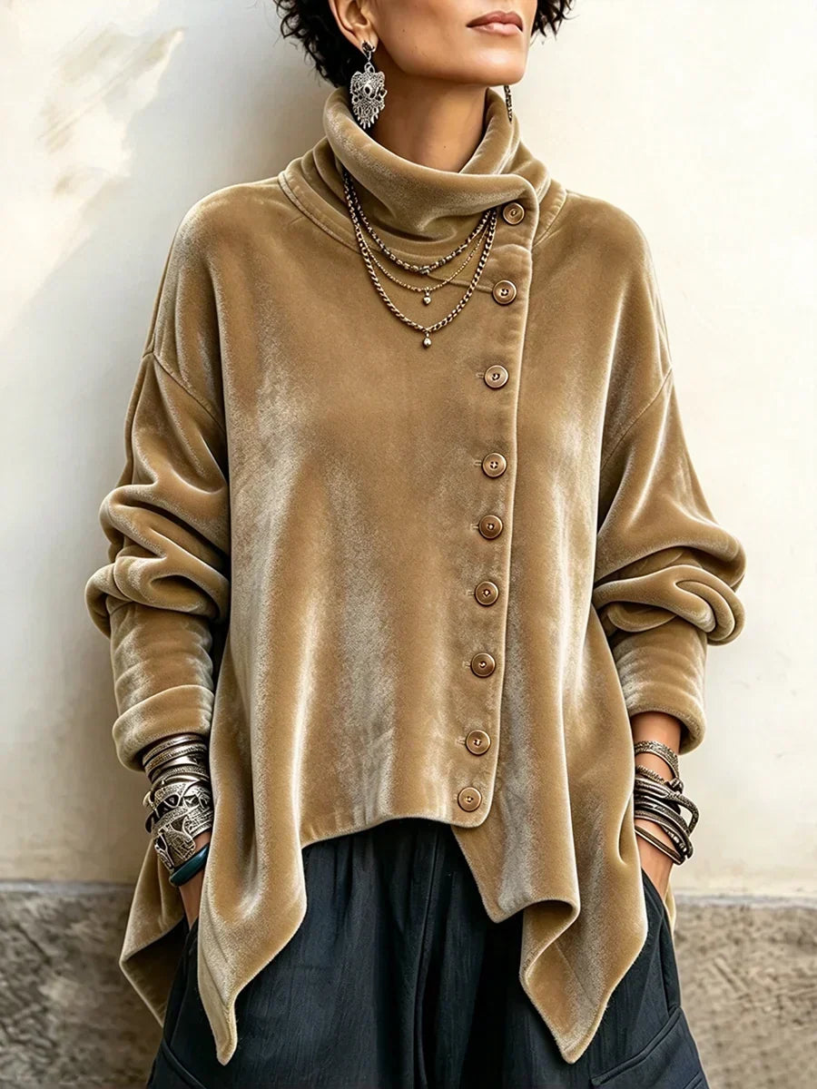 Chic Velvet Asymmetrical Button Turtleneck Top