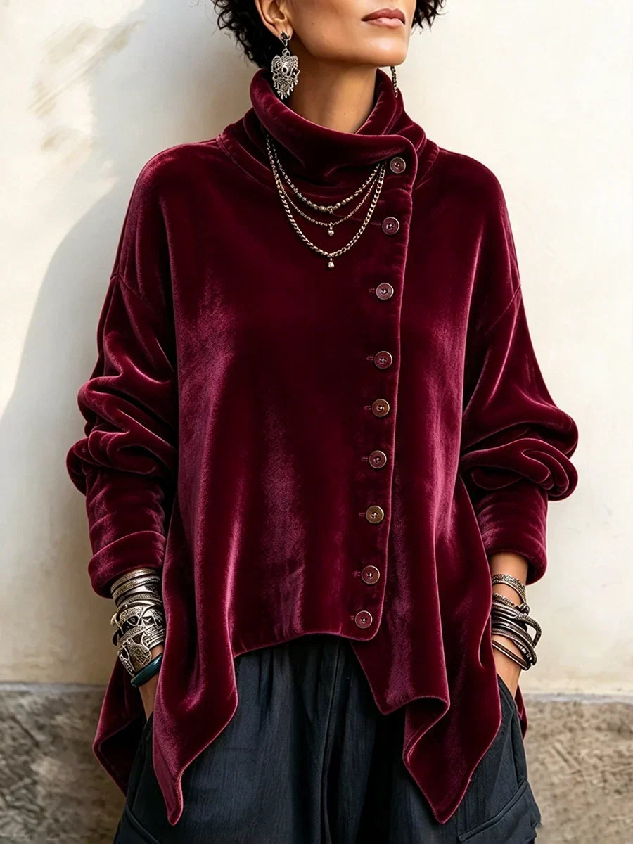 Chic Velvet Asymmetrical Button Turtleneck Top