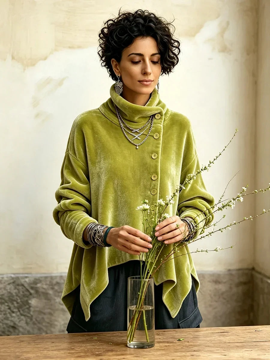 Chic Velvet Asymmetrical Button Turtleneck Top
