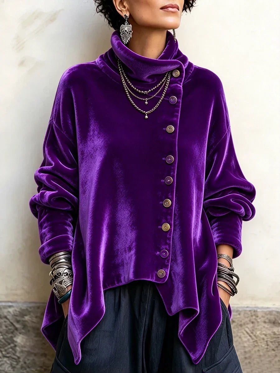 Chic Velvet Asymmetrical Button Turtleneck Top