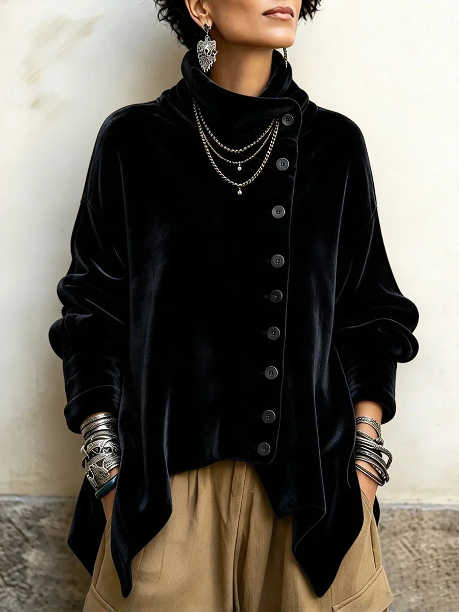 Chic Velvet Asymmetrical Button Turtleneck Top