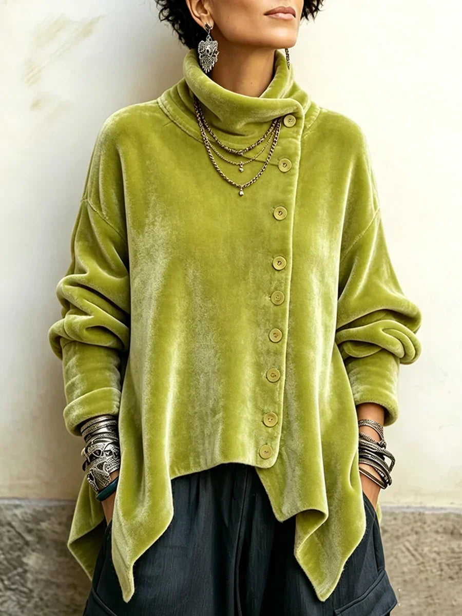 Chic Velvet Asymmetrical Button Turtleneck Top