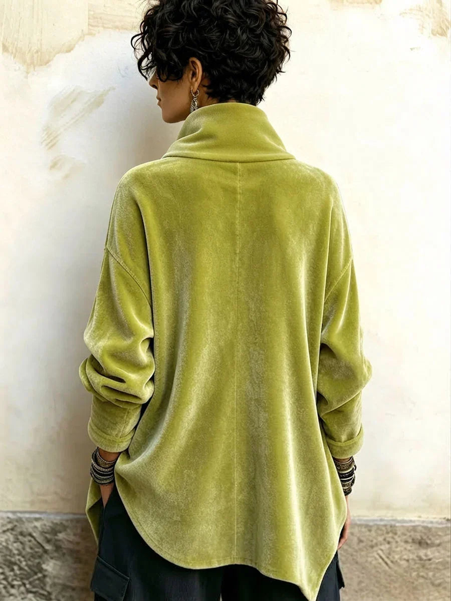 Chic Velvet Asymmetrical Button Turtleneck Top
