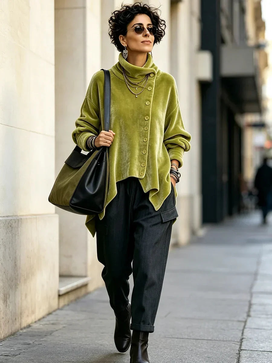 Chic Velvet Asymmetrical Button Turtleneck Top