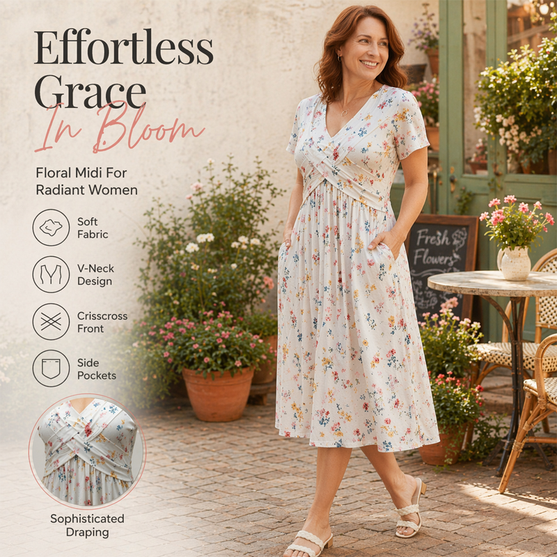 Rosie | Floral V-Neck Dress with Twist Waist Detail