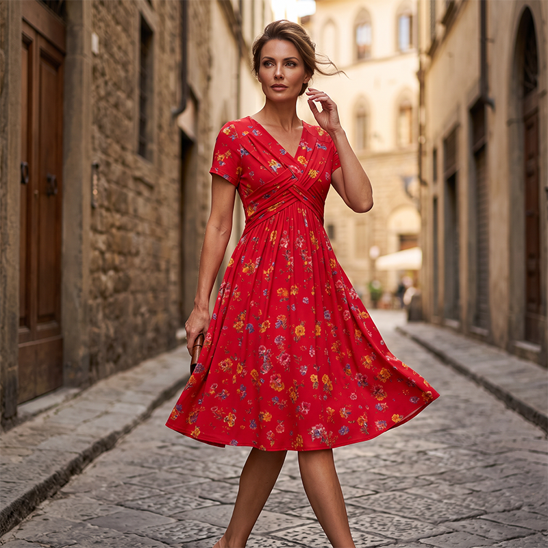 Rosie | Floral V-Neck Dress with Twist Waist Detail