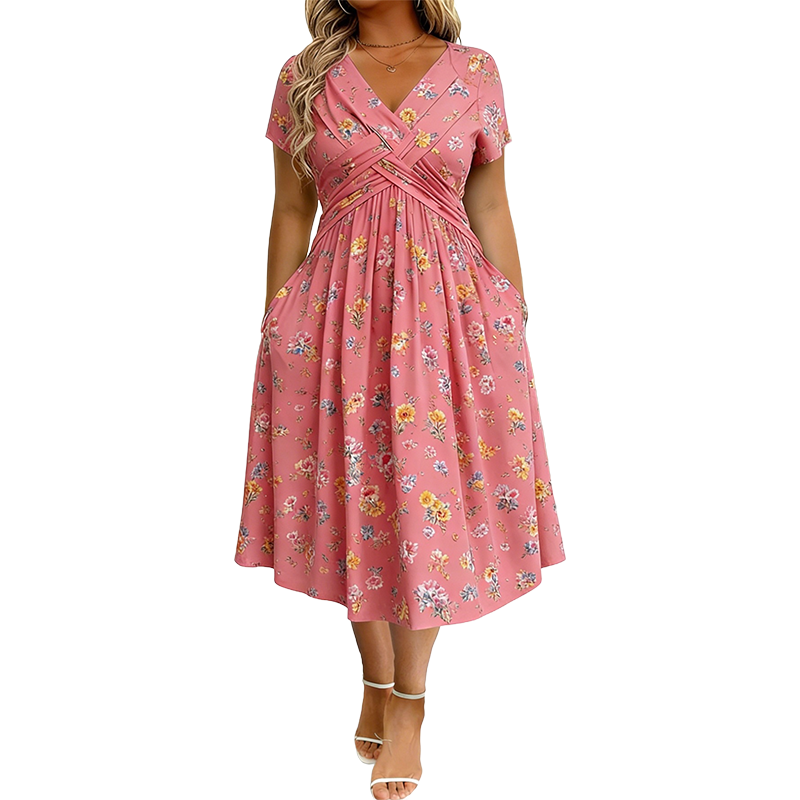 Rosie | Floral V-Neck Dress with Twist Waist Detail