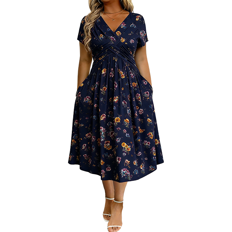 Helen | Floral V-Neck Dress with Twist Waist Detail