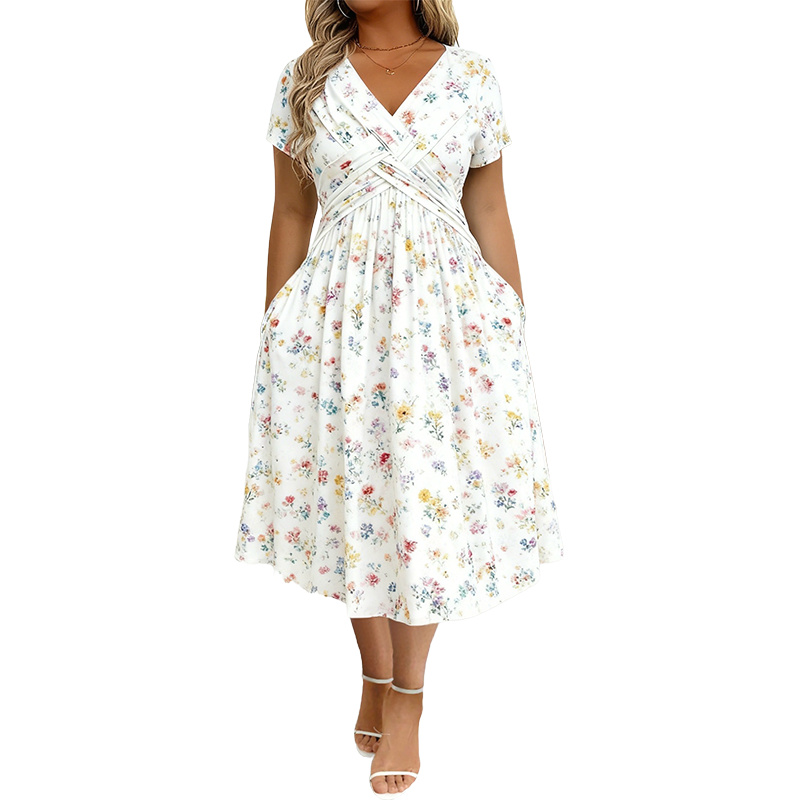 Rosie | Floral V-Neck Dress with Twist Waist Detail