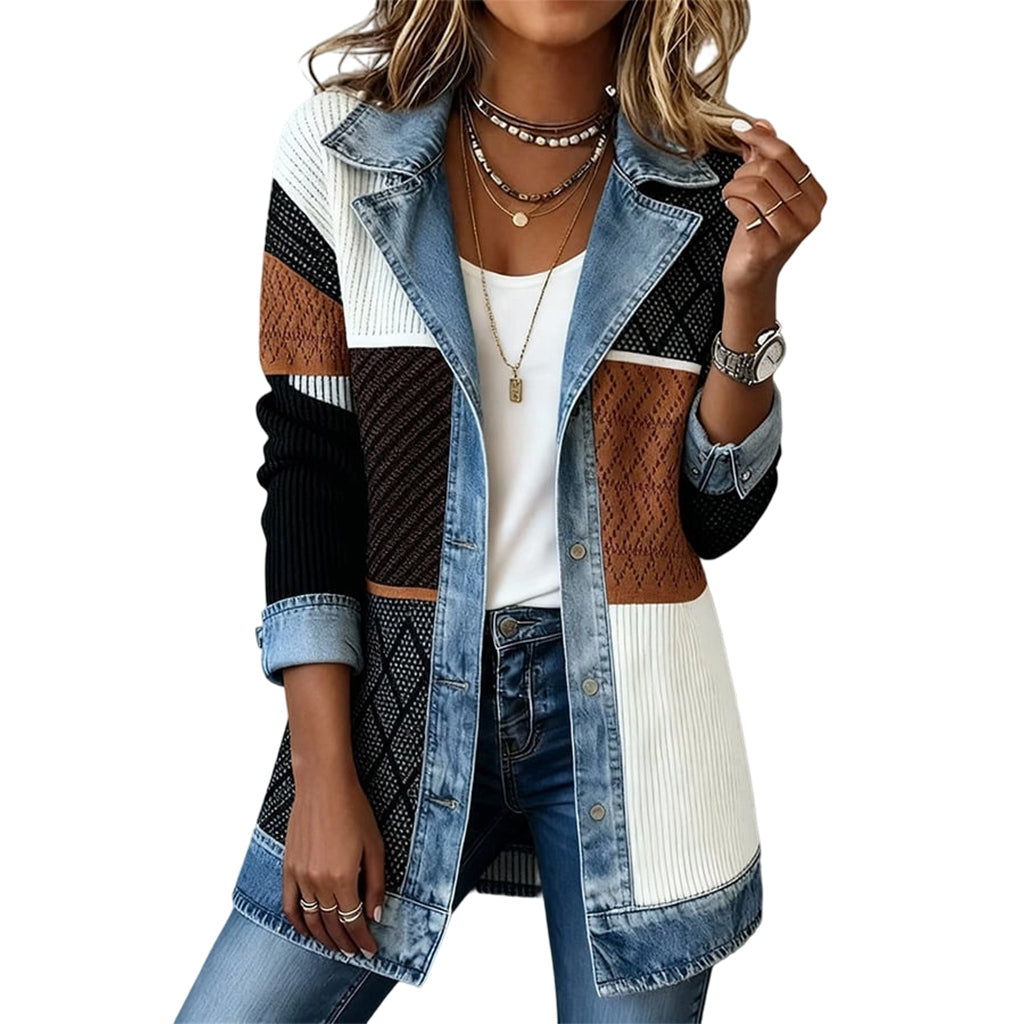 Jane | Elegant Women's Denim Coat with Ribbed Knit Panels