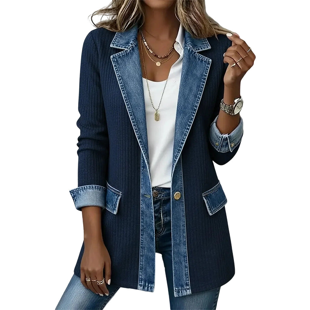 Jane | Elegant Women's Denim Coat with Ribbed Knit Panels