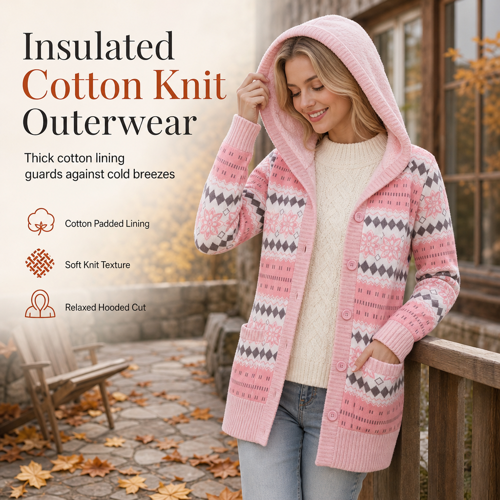 Women's Mid-Length Hooded Knit Coat with Cotton Lining