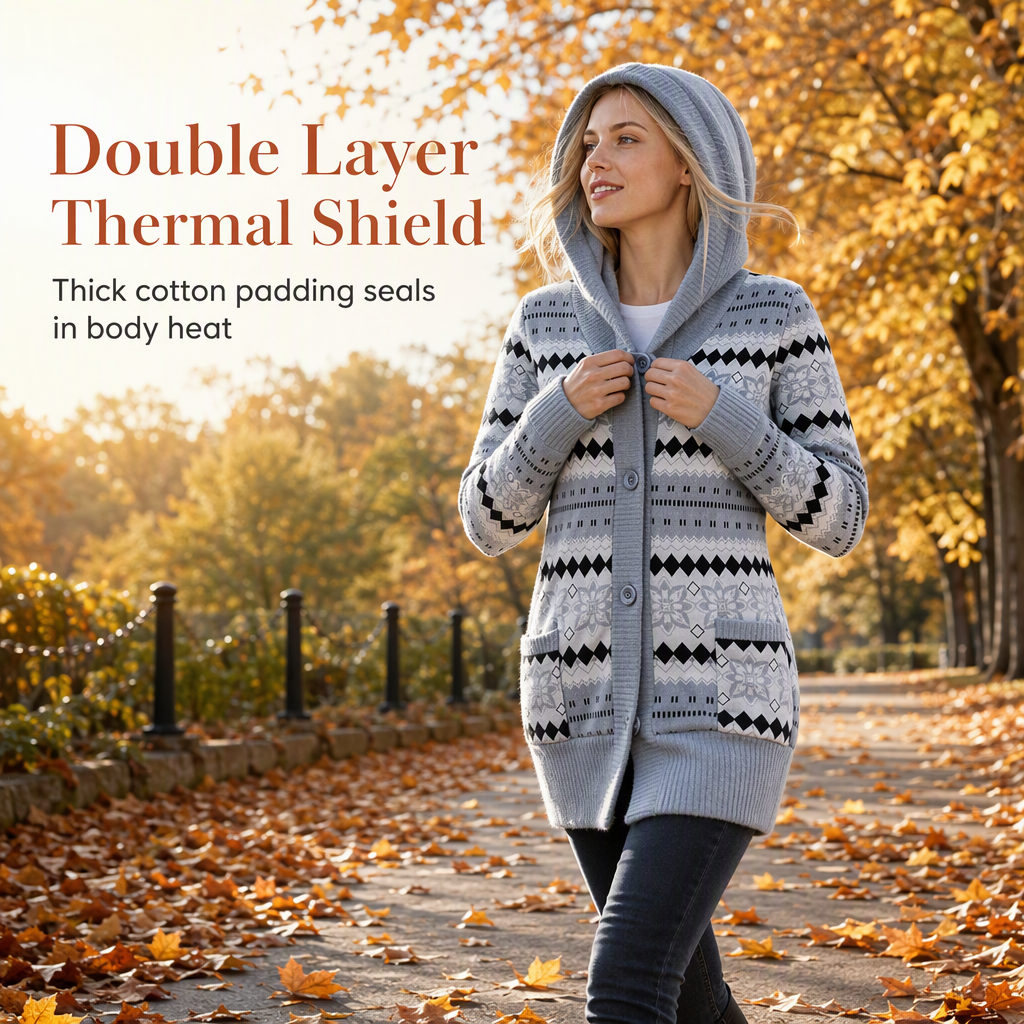 Women's Mid-Length Hooded Knit Coat with Cotton Lining