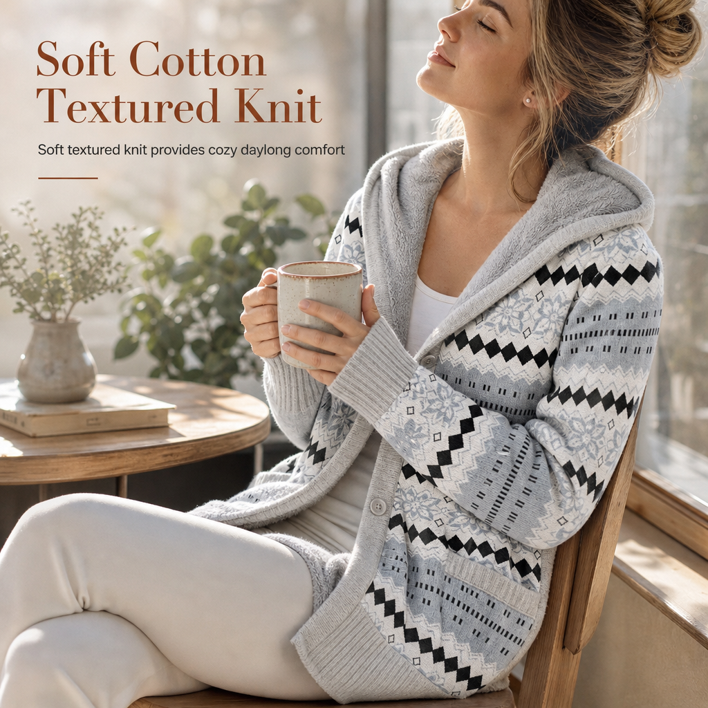 Women's Mid-Length Hooded Knit Coat with Cotton Lining